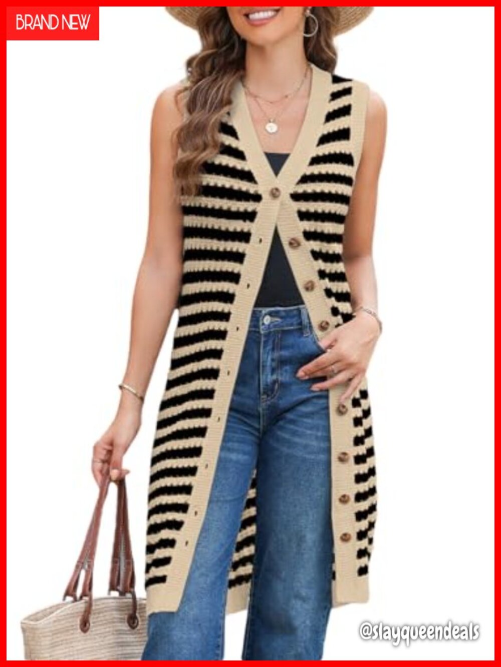V Neck Striped Sweater Vest Sleeveless Button Midi Cardigan Tank Dress
